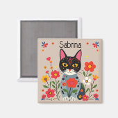 Folk Art Black Cat und Blume Personalisiert Magnet (Vorderseite/Rückseite)