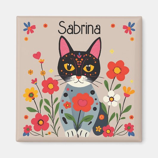 Folk Art Black Cat und Blume Personalisiert Magnet (Vorne)