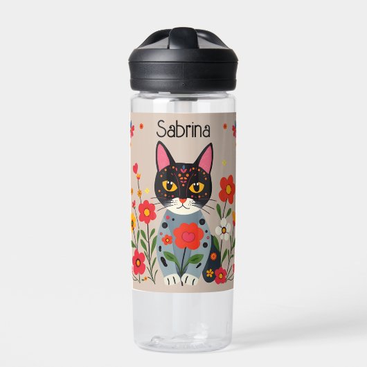 Folk Art Black Cat und Blume Personalisiert Trinkflasche (Vorderseite)