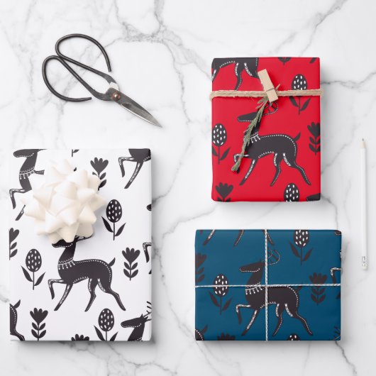 Folk Art Black Deer Trio Geschenkpapier Set (Vorderseite)