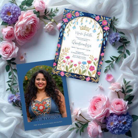 Folk Art Blue Shades Spanish Mexican XVs Floral Einladung