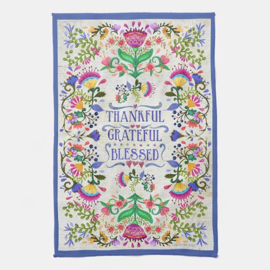 Folk Art Blume | Dankbar, dankbar, gesegnet Geschirrtuch (Vertikal)