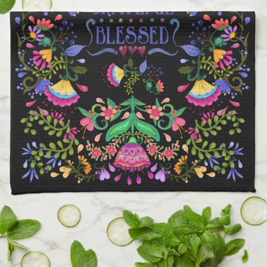 Folk Art Blume | Dankbar, dankbar, gesegnet Geschirrtuch (Gefaltet)