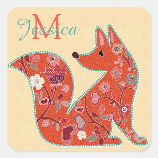 Folk Art Blume Muster Fox Personalisiert Quadratischer Aufkleber (Vorderseite)