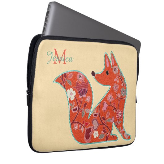 Folk Art Blume Pattern Fox Laptopschutzhülle (Vorne Rechts)