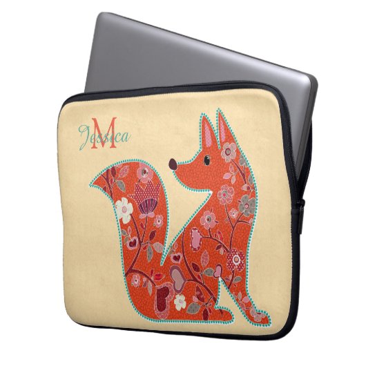 Folk Art Blume Pattern Fox Laptopschutzhülle (Vorderseite Links)