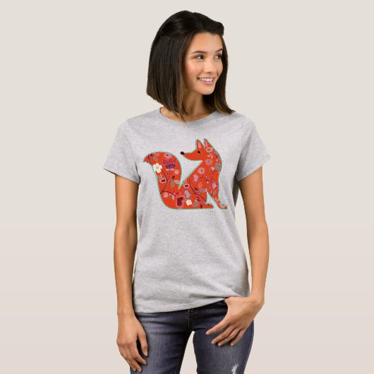 Folk Art Blume Pattern Fox T-Shirt (Vorne ganz)