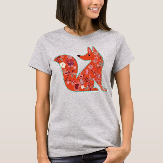 Folk Art Blume Pattern Fox T-Shirt (Vorderseite)