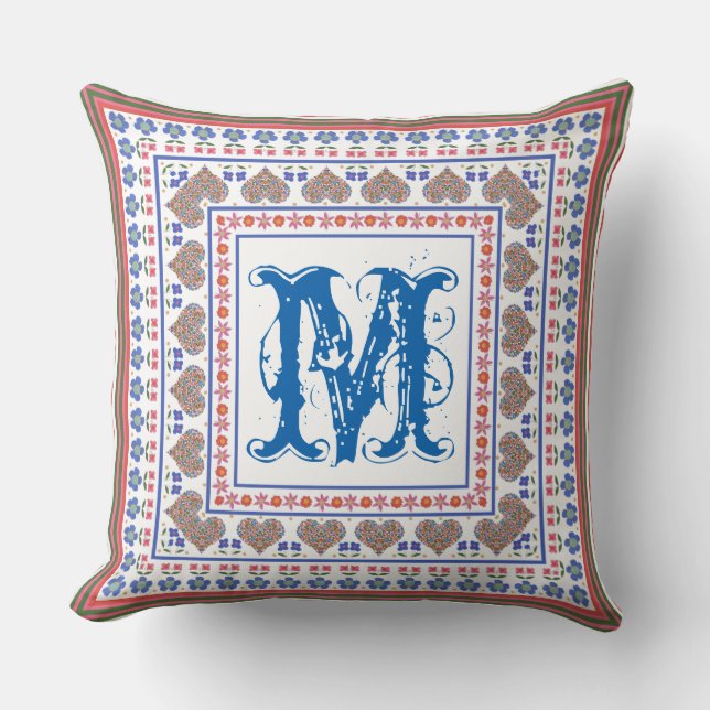 Folk Art Border Monogram Pillow oder Cushion Kissen (Vorderseite)