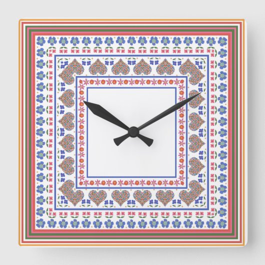 Folk Art Border Square Wall Uhr (Vorderseite)