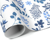 Folk Art Botanische Blumenschrift Indigok Blau Wei Geschenkpapier (Rolleneckpunkt)