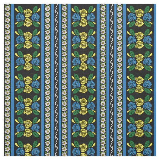 Folk Art Canal Narrowboat Blue Yellow Roses Stoff (Muster)