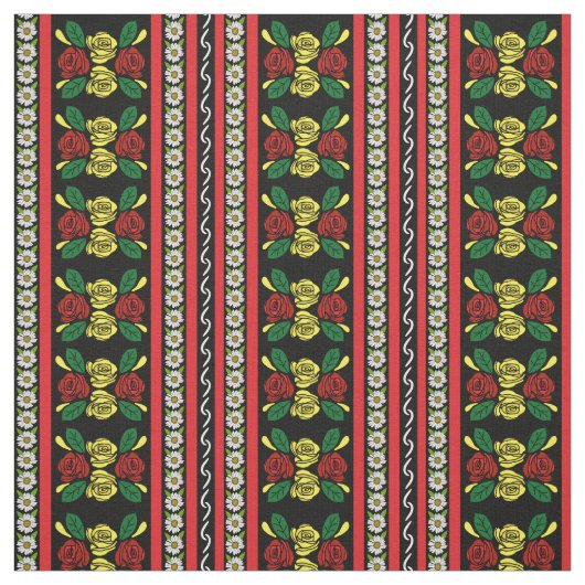 Folk Art Canal Narrowboat Red Yellow Roses Stoff (Muster)