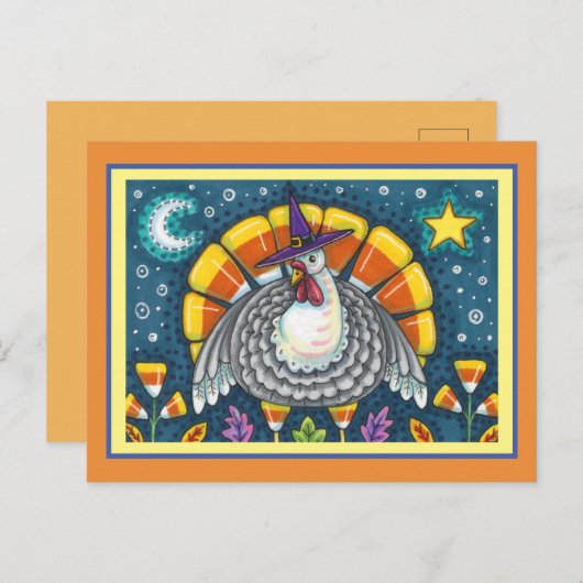 FOLK ART CANDY CORN TURKEY PILGRIM, ERNTEDANK POSTKARTE (Vorne/Hinten)