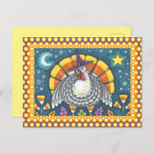 FOLK ART CANDY CORN TURKEY PILGRIM, ERNTEDANK POSTKARTE