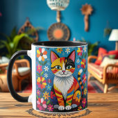 Folk Art Cat, Flowers & Butterfly Personalized Tasse
