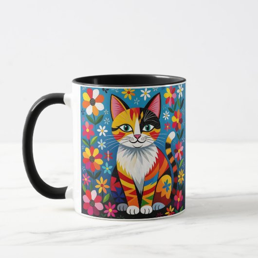 Folk Art Cat, Flowers & Butterfly Personalized Tasse (Links)