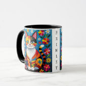 Folk Art Cat, Flowers & Butterfly Personalized Tasse (Vorderseite Links)