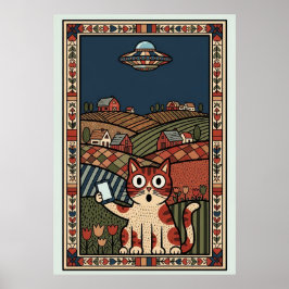 Folk Art Cat with UFO in Countryside Whimsical Poster