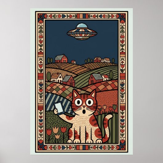 Folk Art Cat with UFO in Countryside Whimsical Poster (Vorne)
