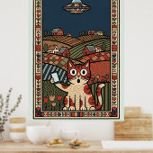 Folk Art Cat with UFO in Countryside Whimsical Poster (Küche)