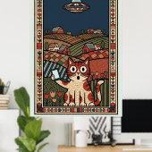Folk Art Cat with UFO in Countryside Whimsical Poster (Heimbüro)