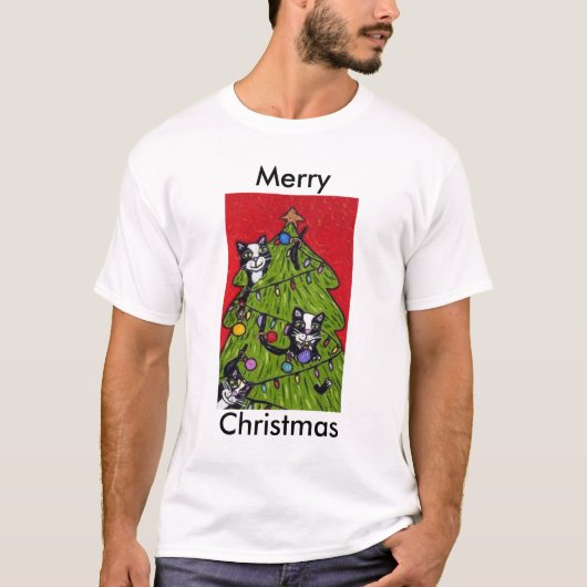 Folk Art Cats Weihnachtsbaum T-Shirt (Vorderseite)