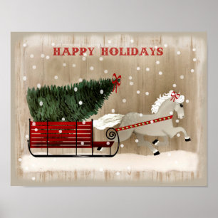 Folk Art Christmas Horst und Sleigh Schneeszene Poster