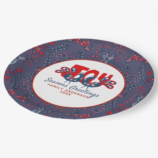 Folk Art Christmas Scandinavian Bird Red Blue Pappteller (Schrägansicht)