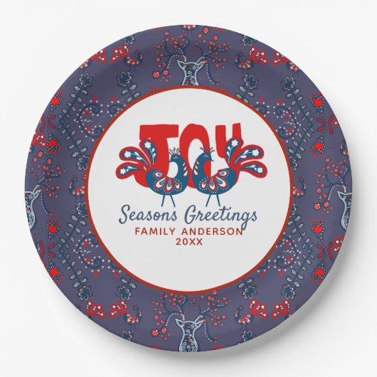 Folk Art Christmas Scandinavian Bird Red Blue Pappteller (Vorderseite)