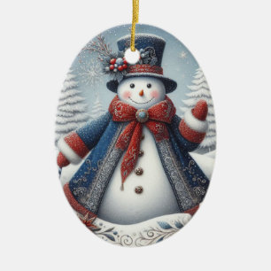 Folk Art Christmas Snowman Keramik Ornament