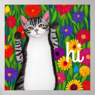 Folk Art Colorful Cat and Blume Sprichwort Hi AI a Poster