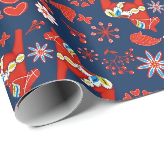 Folk Art Dala Schwedisches Rotes Pferd Floral on B Geschenkpapier (Rolleneckpunkt)