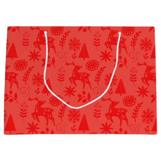 Folk Art Deer Botanical Red Large Gift Bag Große Geschenktüte (Vorderseite)