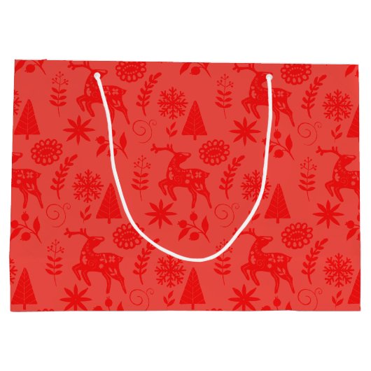 Folk Art Deer Botanical Red Large Gift Bag Große Geschenktüte (Rückseite)