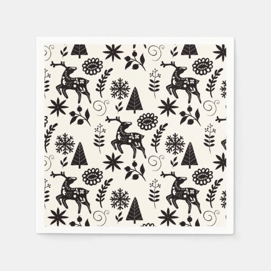 Folk Art Deer Forest Black and White Serviette (Vorderseite)
