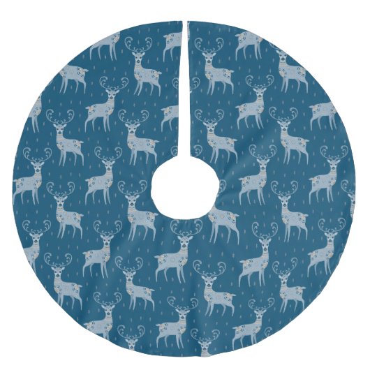 Folk Art Deer on Blue Polyester Weihnachtsbaumdecke (Vorderseite)