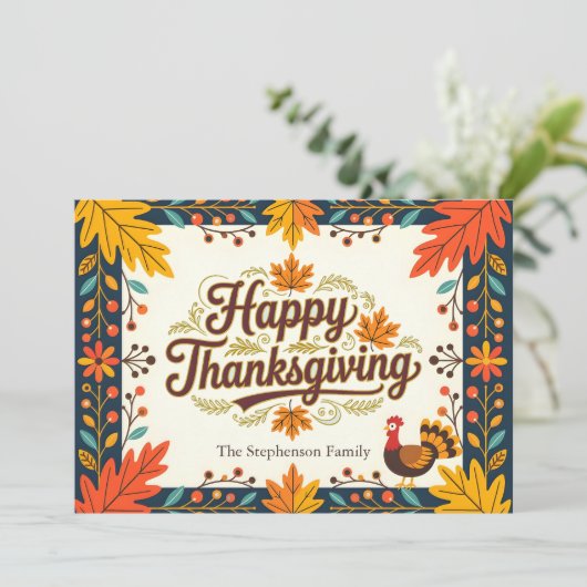 Folk Art Ernte Herbst lässt glückliches Erntedankf Karte (Stehend Vorderseite)