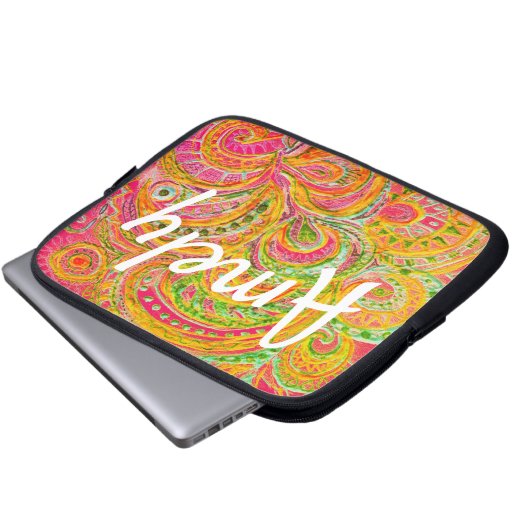 Folk Art Fantasy Pattern & Ihr Name Laptopschutzhülle (Vorne Knopf)