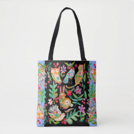 Folk Art Floral Animal Friends Black Customizable Tasche