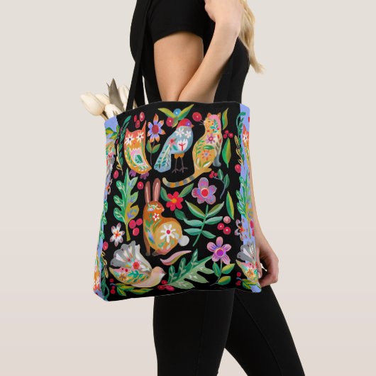 Folk Art Floral Animal Friends Black Customizable Tasche (Von Nahem)
