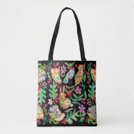 Folk Art Floral Animal Friends Black Tasche
