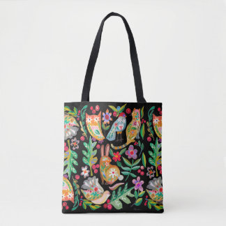 Folk Art Floral Animal Friends Black Tasche