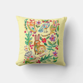 Folk Art Floral Animal Friends Blassgelb Kissen