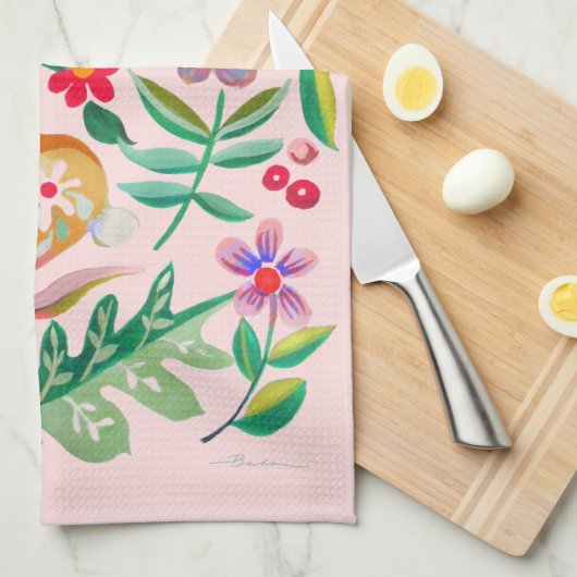 Folk Art Floral Animal Friends Pink Küche Handtuch (Viertel Falte)