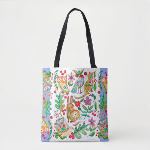 Folk Art Floral Animal Friends White anpassbar Tasche