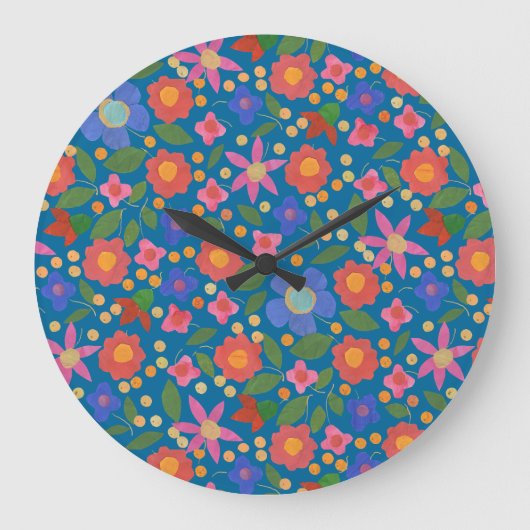 Folk Art Floral auf blaue Acrylwand Uhr (Vorderseite)