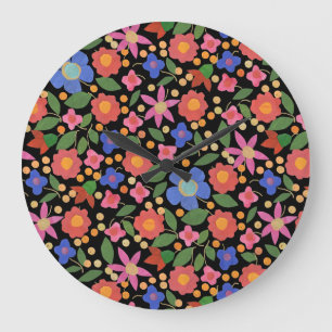 Folk Art Floral auf Schwarz Acrylwand Uhr