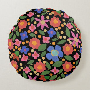 Folk Art Floral auf schwarzem Rundwurfkissen Rundes Kissen