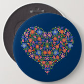 Folk Art Floral Heart on Blue Round Button (Vorne & Hinten)